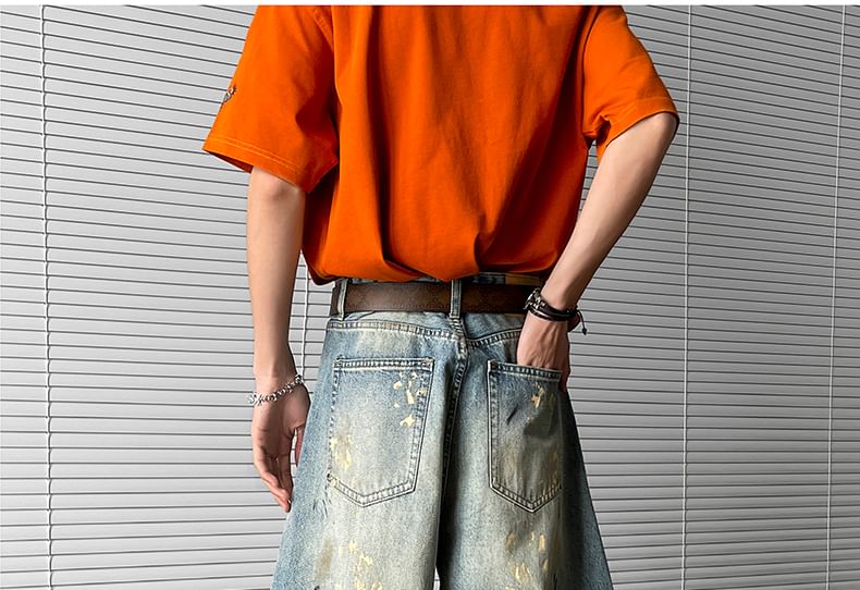 AXEN - Mid Rise Print Washed Wide Leg Jeans