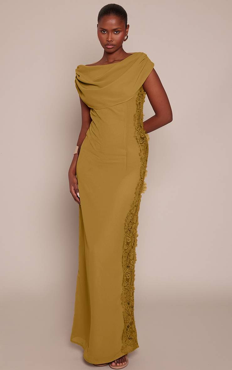 Chartreuse Robe Longue Chartreuse Tissée Avec Détails En Dentelle Sur Les Côtés