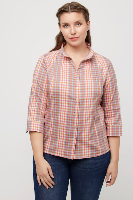 Bluse, Karo, Slim, Kelchkragen, V-Ausschnitt, 3/4-Arm