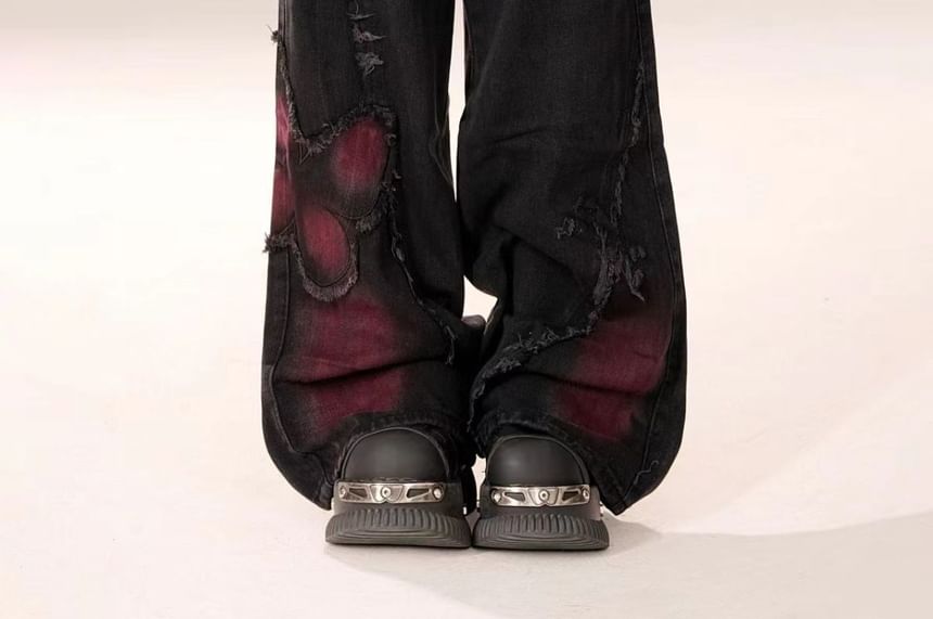 Bolgivy - Hoge taille print vlinder applicatie gescheurde wijde pijpen jeans