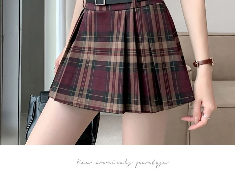 Dute - Hoge taille geruite mini geplooide rok