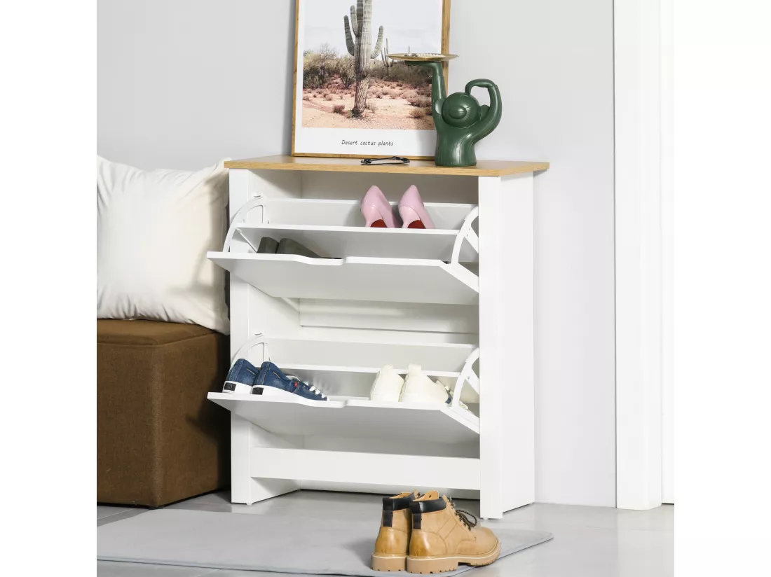 Armoire à chaussures 2 portes abattantes 2 compartiments panneaux particules blanc chêne