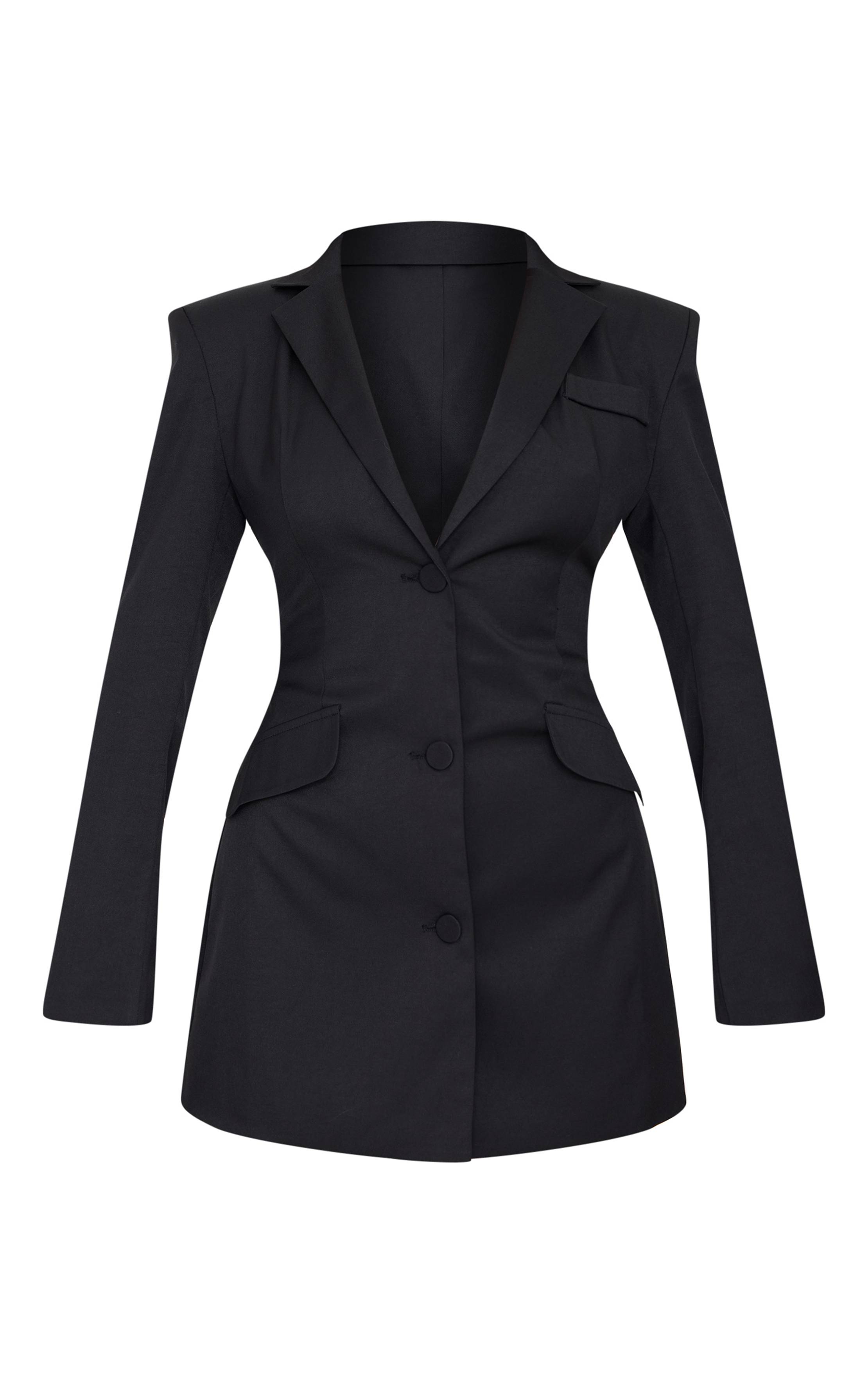 Noir Robe Blazer Cintrée À La Taille En Tissu Tissé