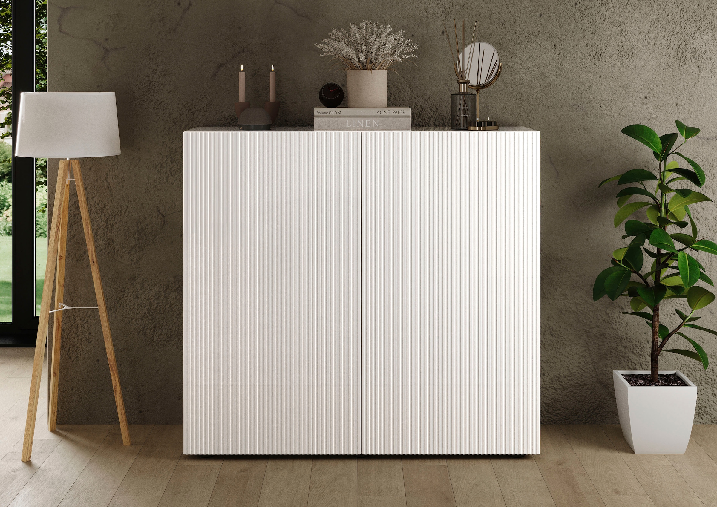 INOSIGN Highboard »Rio, Höhe 111 cm, Breite 120 cm, Stauraumschrank, Kommode, 2 Türen,« geriffelte MDF-Fronten, modern u. elegant, viel Stauraum