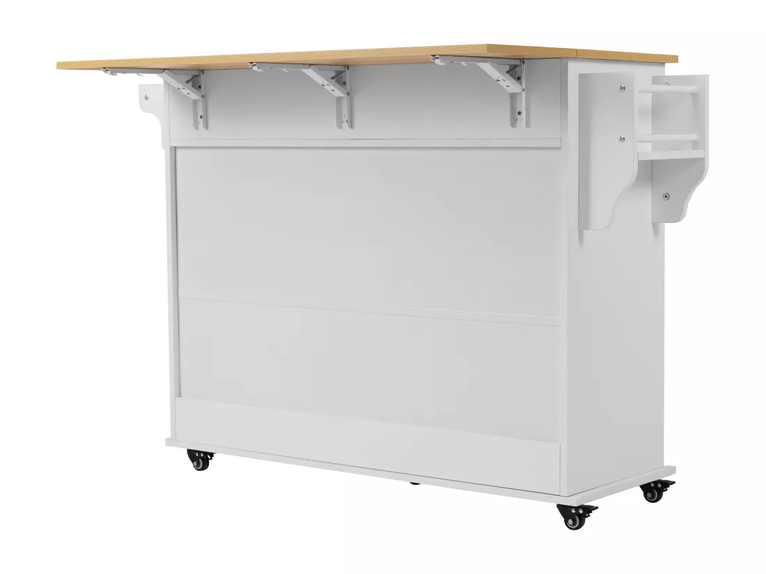 Ilot central de cuisine mobile avec 2 portes coulissantes - plateau extensible - 112x40(70)x94 cm - Bois MDF + métal - Blanc et bois