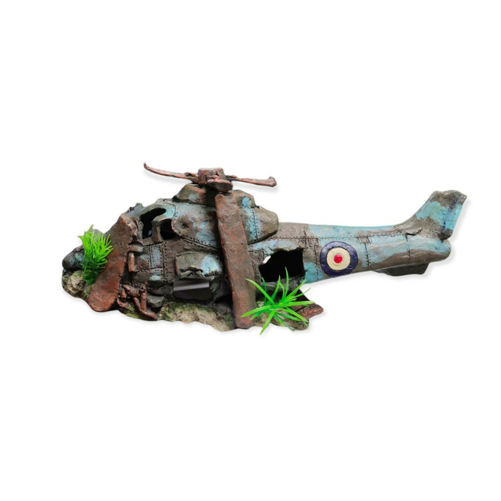 Hélicoptère azur, 38.5 x 13 x 15 cm, décoration aquarium.