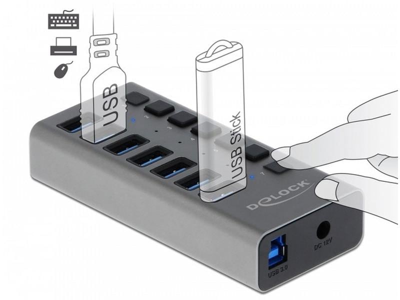 Delock USB-Hub 63669 USB 3.0 - 7x Type-A 7-Port-USB-3.0-Hub mit Metallgehäuse und einzeln aktivierbaren Anschlüssen