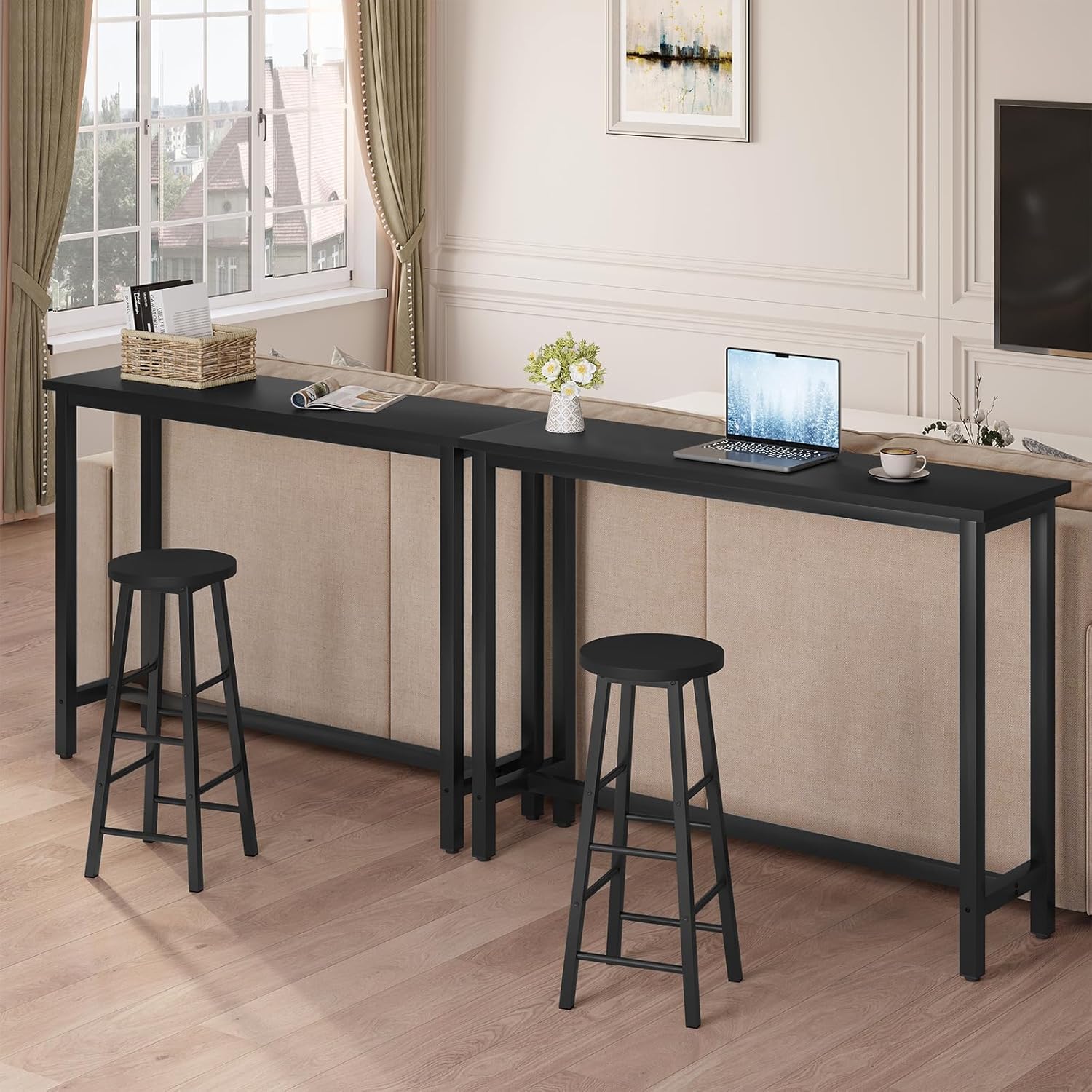 WOLTU 1x Bartisch Bistrotisch Stehtisch Esstisch, Metallgestell, Tischplatte aus MDF, Schwarz, 140x100x40cm(BxHxT)