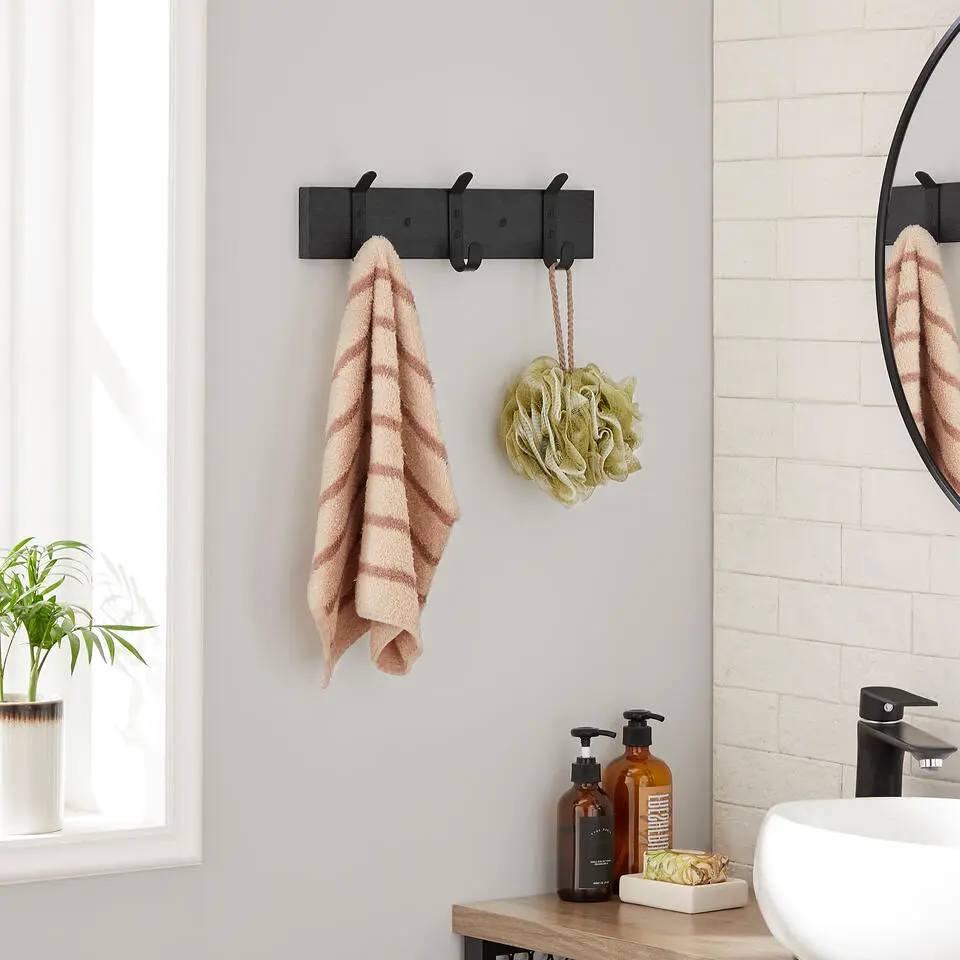 Wandkapstok met 6 Haken - compacte houten Muurkapstok - Zwart