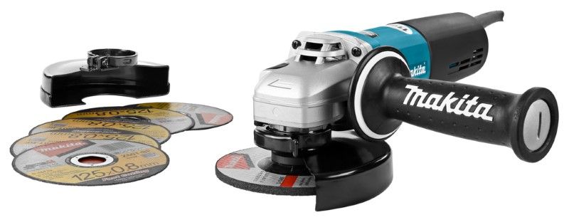 Makita 9565HRX1 230 V Haakse slijper 125 mm met 5 doorslijpschijven en gesloten beschermkap
