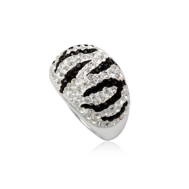 Bague Dome Zebre en Cristal Pur Noir et Blanc et Argent 925