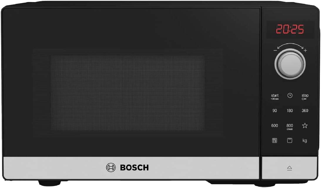 Bosch FEL023MS2 Serie 2 Mikrowelle, 26 x 44 cm, 800 W, Drehteller 27 cm, Quarzgrill, Timer, AutoPilot 8 mit 8 Automatikprogramme, Reinigungsunterstützung, LED-Touchdisplay, Edelstahl