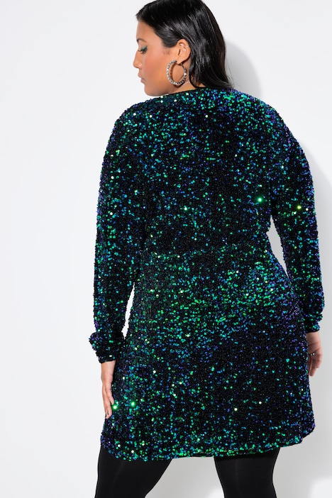 Kleid, Wickeloptik, Pailletten, V-Ausschnitt, Langarm