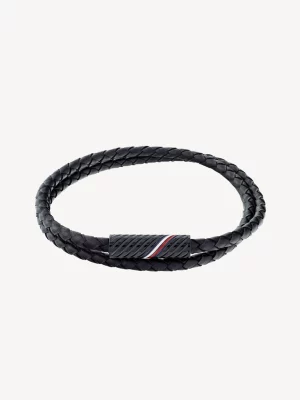 Pulseira de couro preto trançado com duas voltas