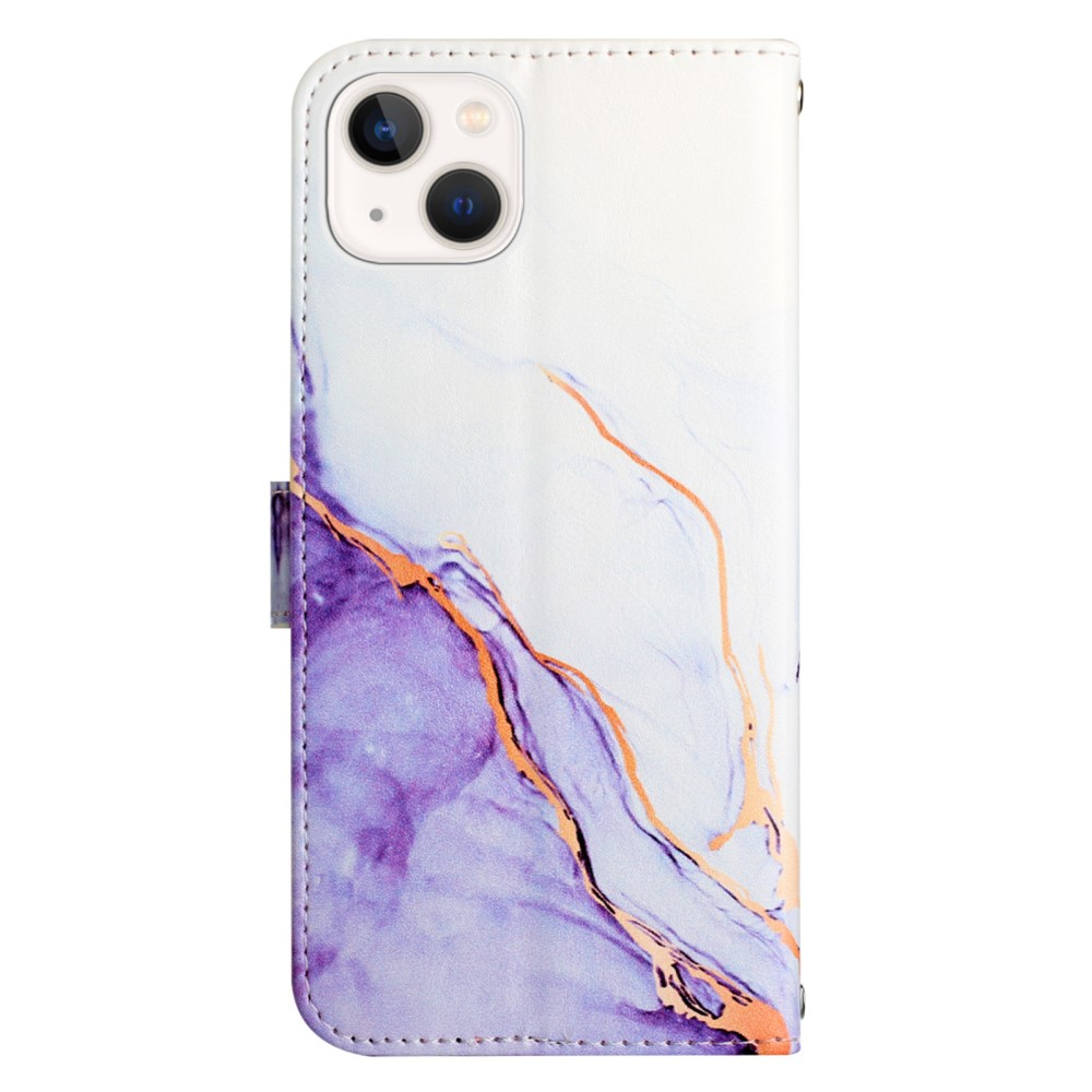 iPhone 15 Leder Tasche mit Kartenfach   Handschlaufe Marble Marmor - Lila / Weiss