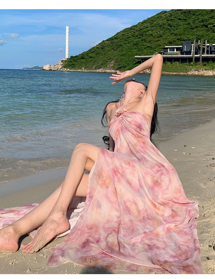 Moanum - Halter maxi-zonnejurk met bloemenprint en zijsplit