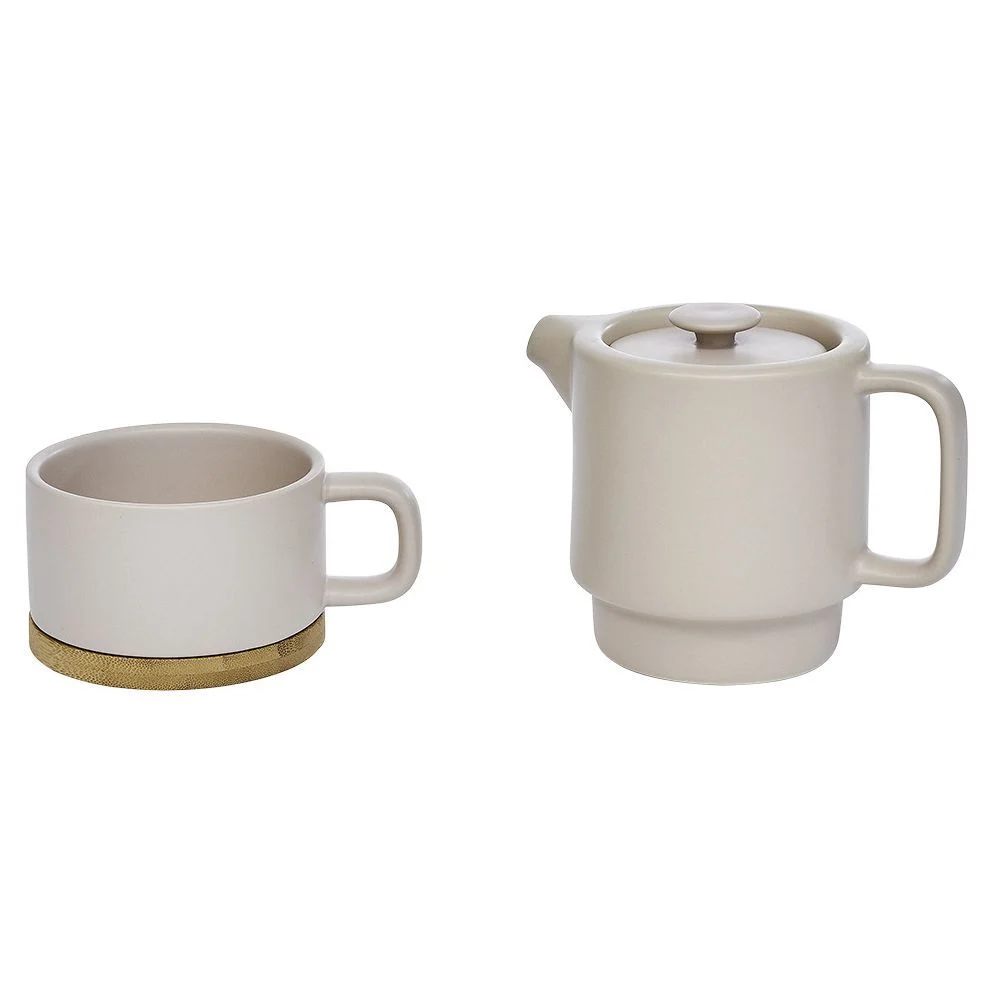 Tisanière 40cl et tasse 25cl grès taupe avec support bambou