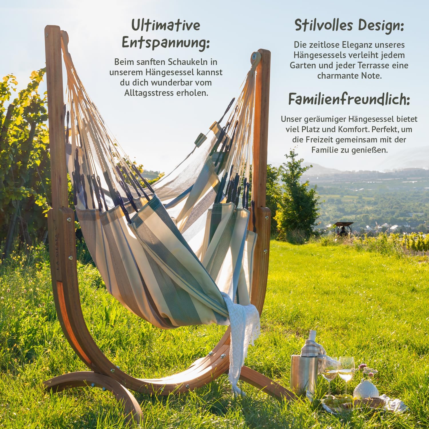 LA SIESTA - Wetterbeständiger Hängesessel mit Holzständer - Handgefertigter, reißfester Sessel für Entspannung im Freien - FSC-zertifizierte Eukalyptus-Hängematte