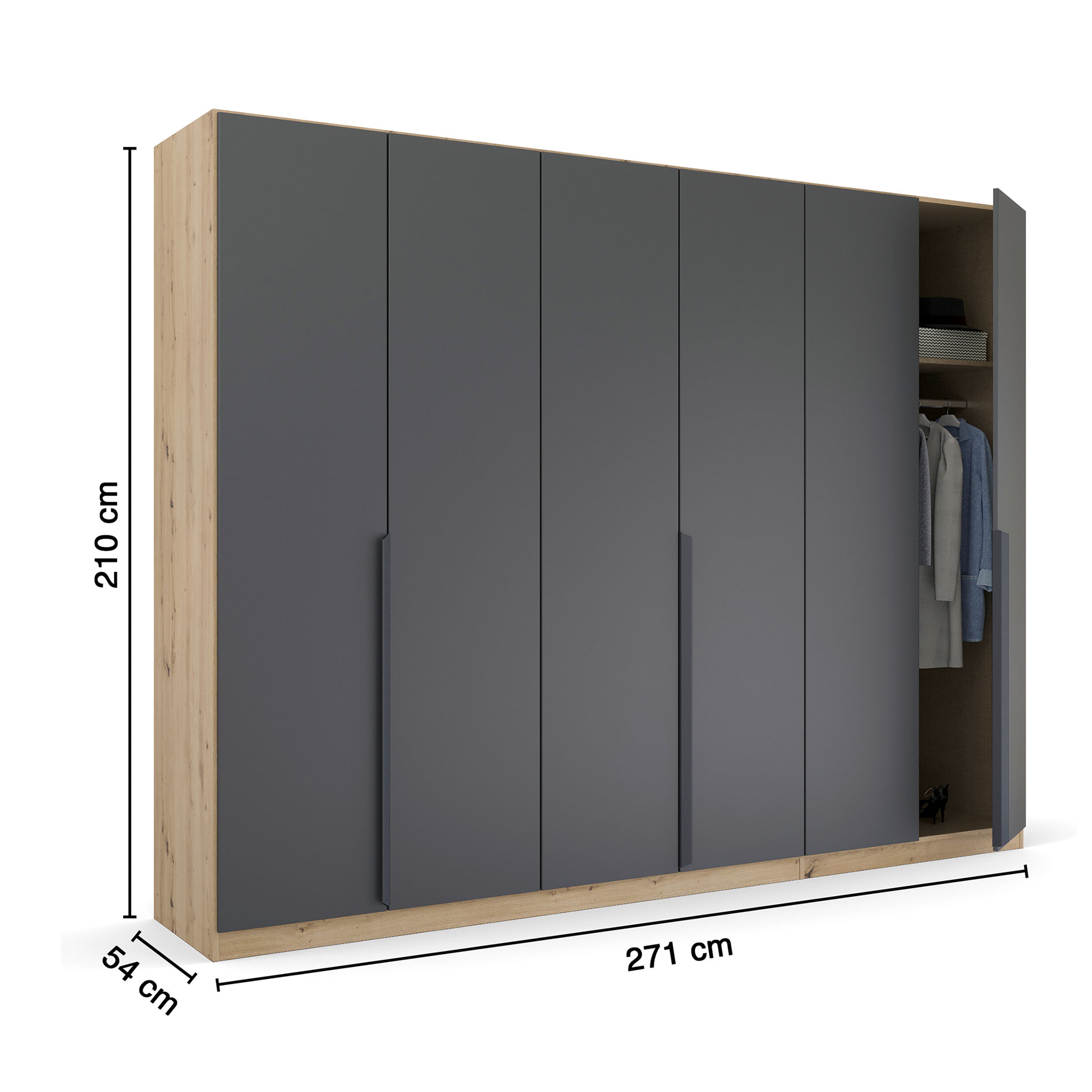 Drehtürenschrank - grau metallic - Artisan Eiche- 271 cm