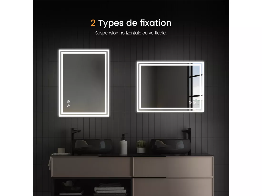 EMKE Miroir lumineux salle de bain 60x80cm, Miroir avec l'éclairage, Interrupteur Tactile, Anti-buée, Miroir LED avec Lumière Blanche Froide