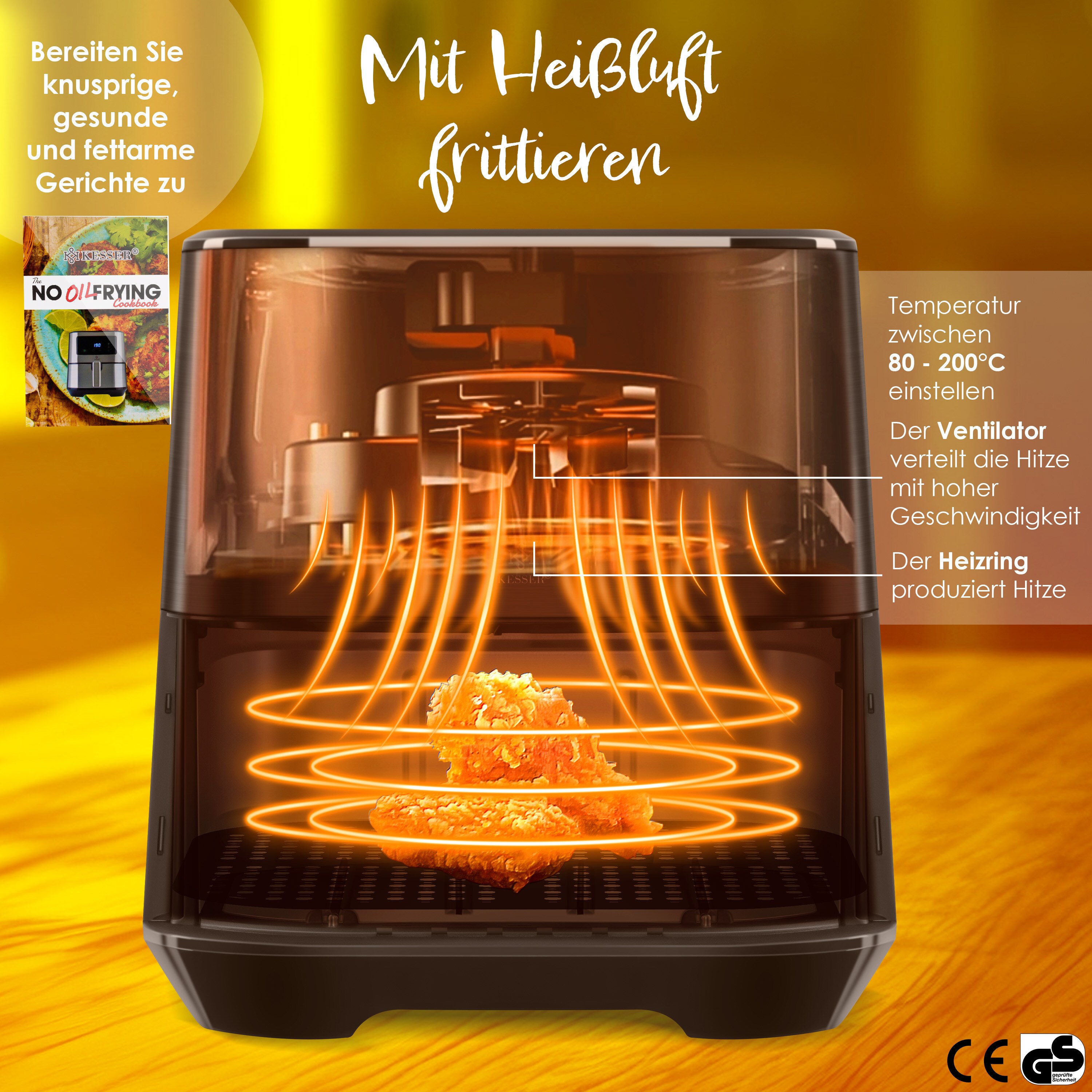 Kesser® XXL 5,5 Liter Heißluftfritteuse Edelstahl| inkl.Brotbackkorb | 1700W Friteuse Fritteuse Airfryer | Touch Display | 8 Programmen | ohne ÖL | ? Backofen ? Heißluft ? Grill | Fettfrei