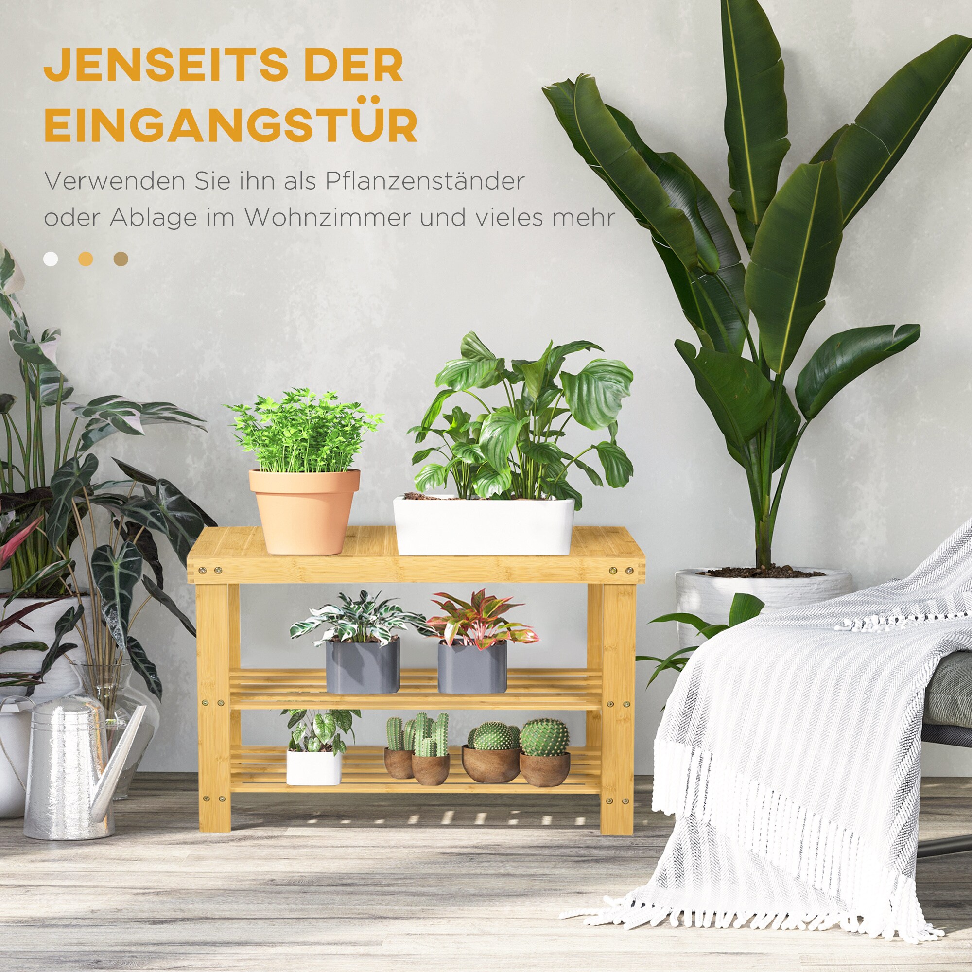 HOMCOM Lamellenschuhregal mit drei Ebenen natur 70L x 28B x 45H cm