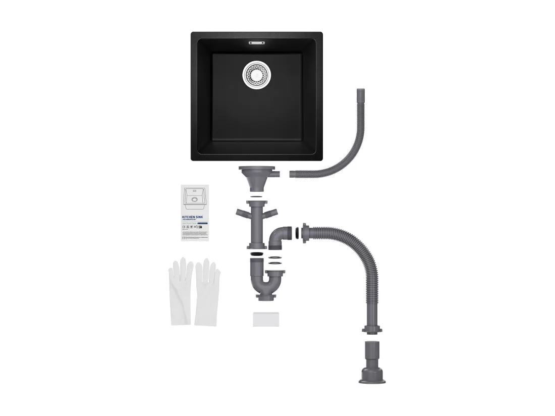 CECIPA MAX Evier 1 Bac en Quartz et Résine, Evier de Cuisine en Granit Noir Gris, Evier Quartz 3 Options de Montage, 45*44*20cm