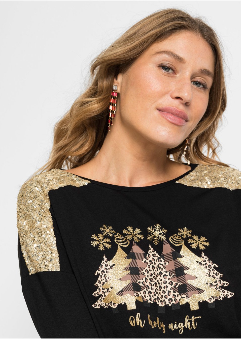 T-shirt manches longues oversize avec motif de Noël et jolies paillettes