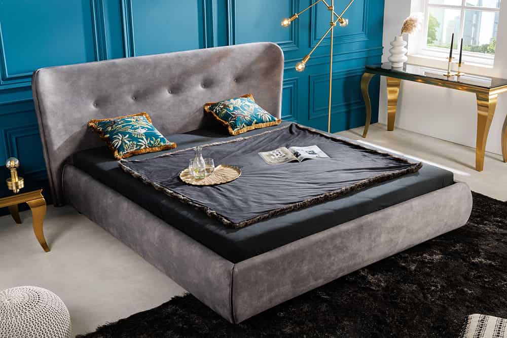 Retro Doppelbett FLORENZ 180x200cm grau Samt Kingsize Polsterbett