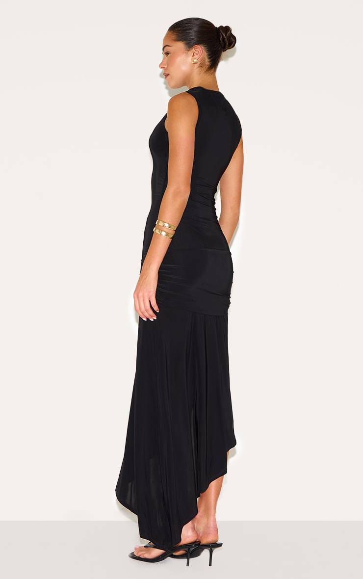 Noir Robe Mi-longue Asymétrique Froncée En Tissu Soyeux Double Épaisseur