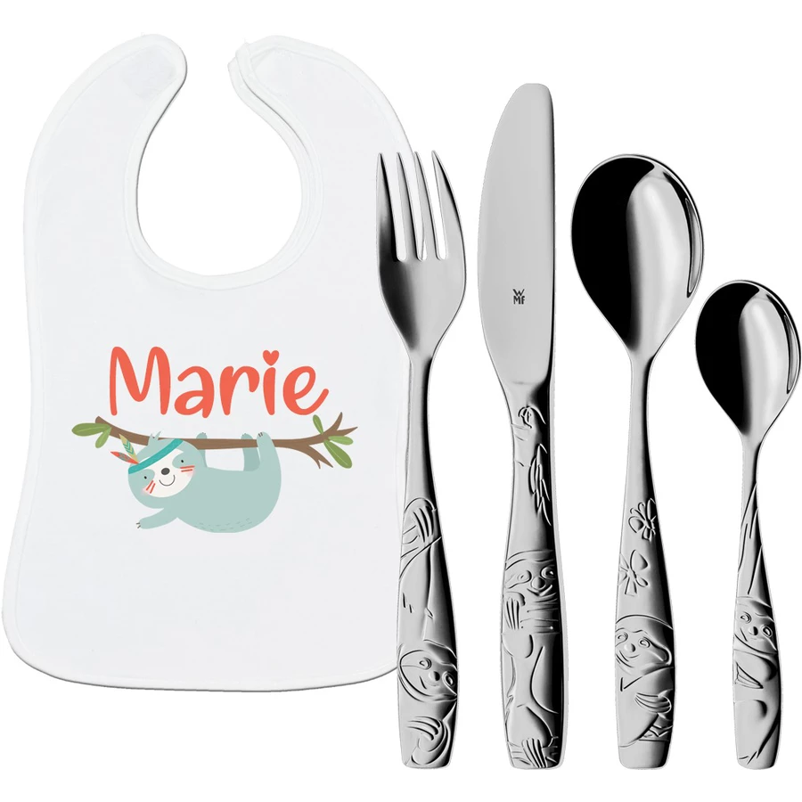Schnullireich Geschenkset mit Namen WMF Kinderbesteck Tommy + Lätzchen Kleines Faultier Silber