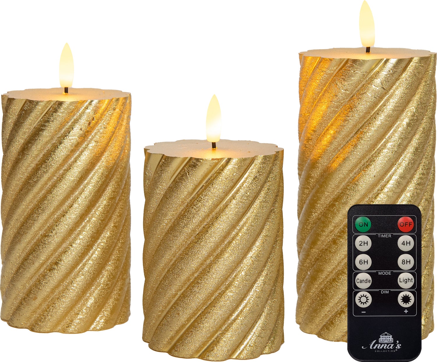 Anna's Collection LED stompkaars Swirl met timer goud D 7,5 H 10 / 12,5 / 15 cm 3 stuks