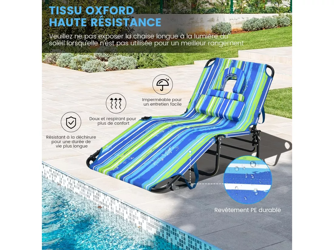 Chaise Longue Pliante Réglable à 5 Positions avec Trou pour Visage, Bain de Soleil en Tissu et velours Oxford 3 Coussins Amovibles Charge 160KG, pour Piscine Plage Cour CamBoisg (Coloré)