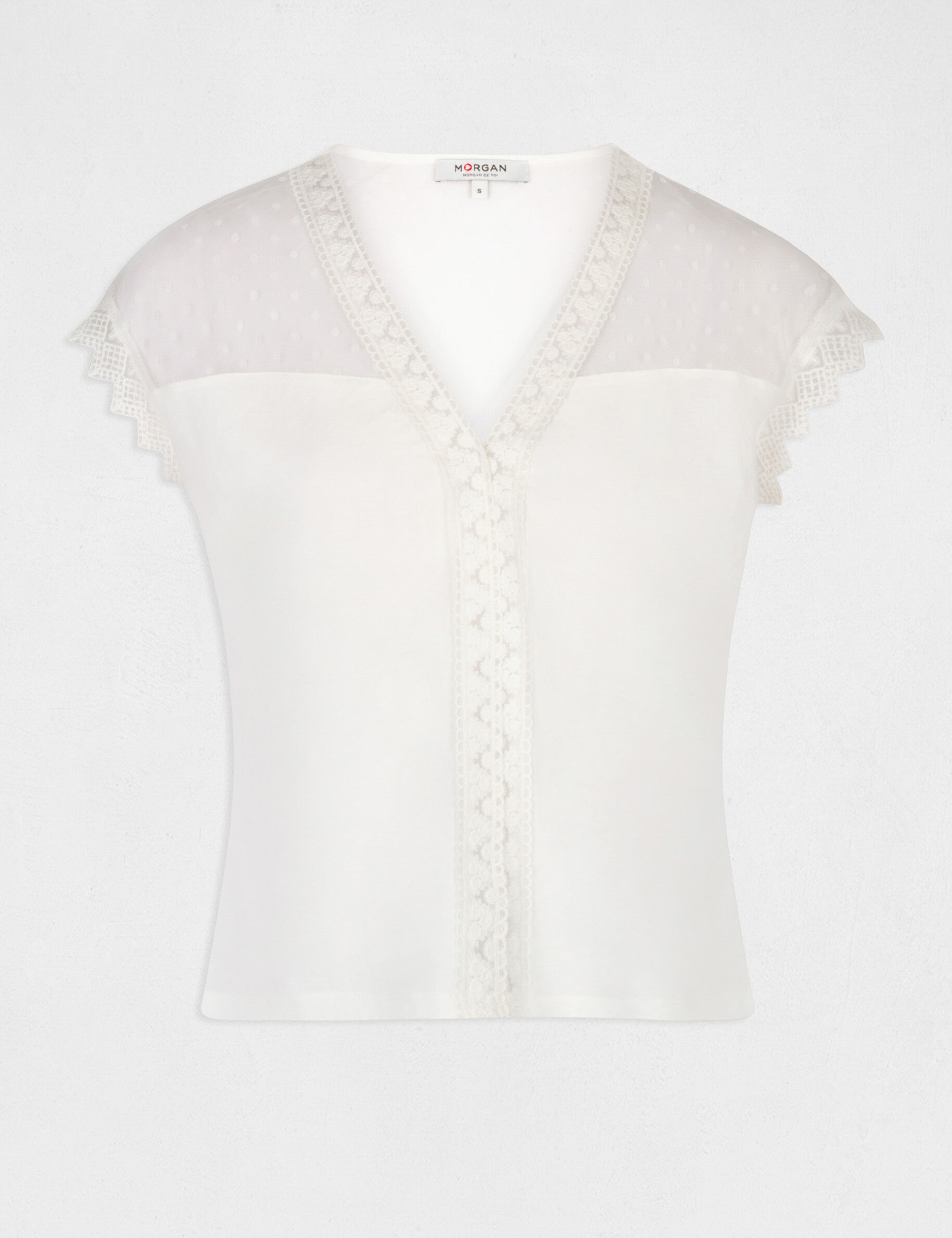 T-shirt manches courtes à plumetis ecru femme - ecru