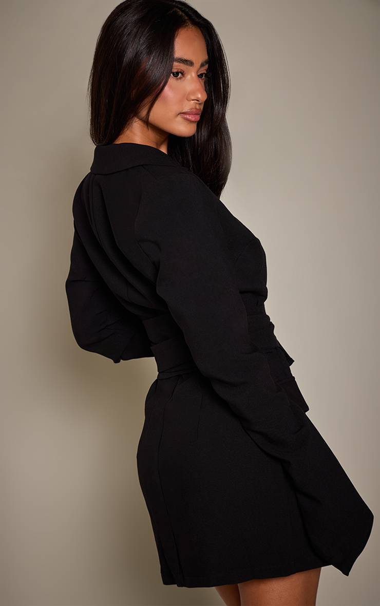 Noir Robe Blazer Ceinturée Portefeuille En Tissu Tissé