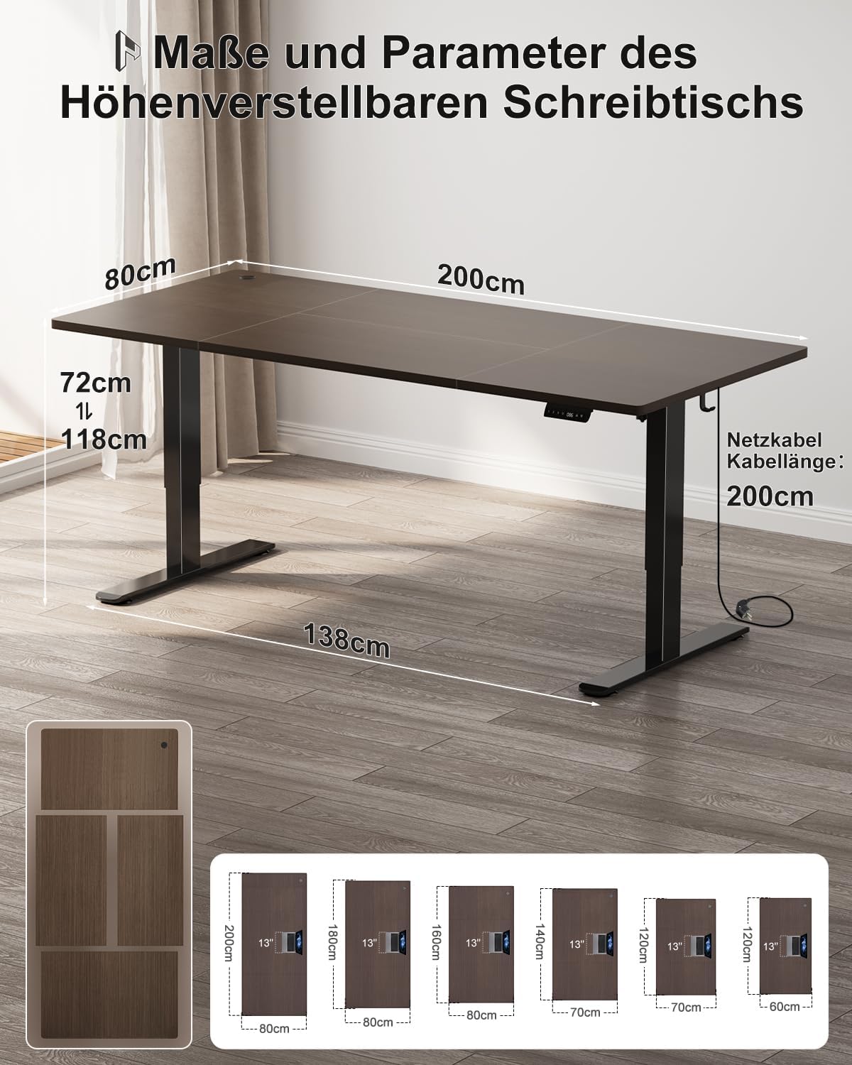 Homall Höhenverstellbarer Schreibtisch 200x80cm mit USB-A Ladeanschluss, Elektrischer Schreibtisch mit Kabel Management Tray, Standing Desk mit 3 Memory Funktion, Computertisch Nussbaum