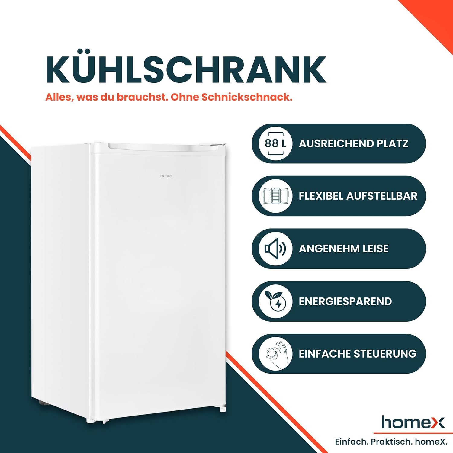 homeX Kühlschrank ohne Gefrierfach, Vollraumkühlschrank klein - 88L Nutzinhalt, freistehend und kompakt, Tischkühlschrank leise 39 dB, Fridge mit LED-Innenbeleuchtung und Temperaturregelung, weiß