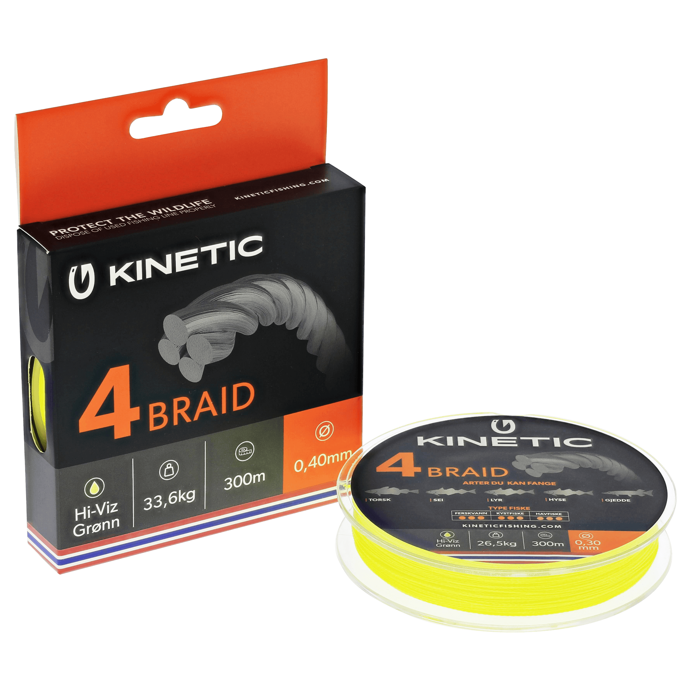 Kinetic 4-Braid 300M 0,40MM 33,6KG HI-VIZ - Fiskesene og snører