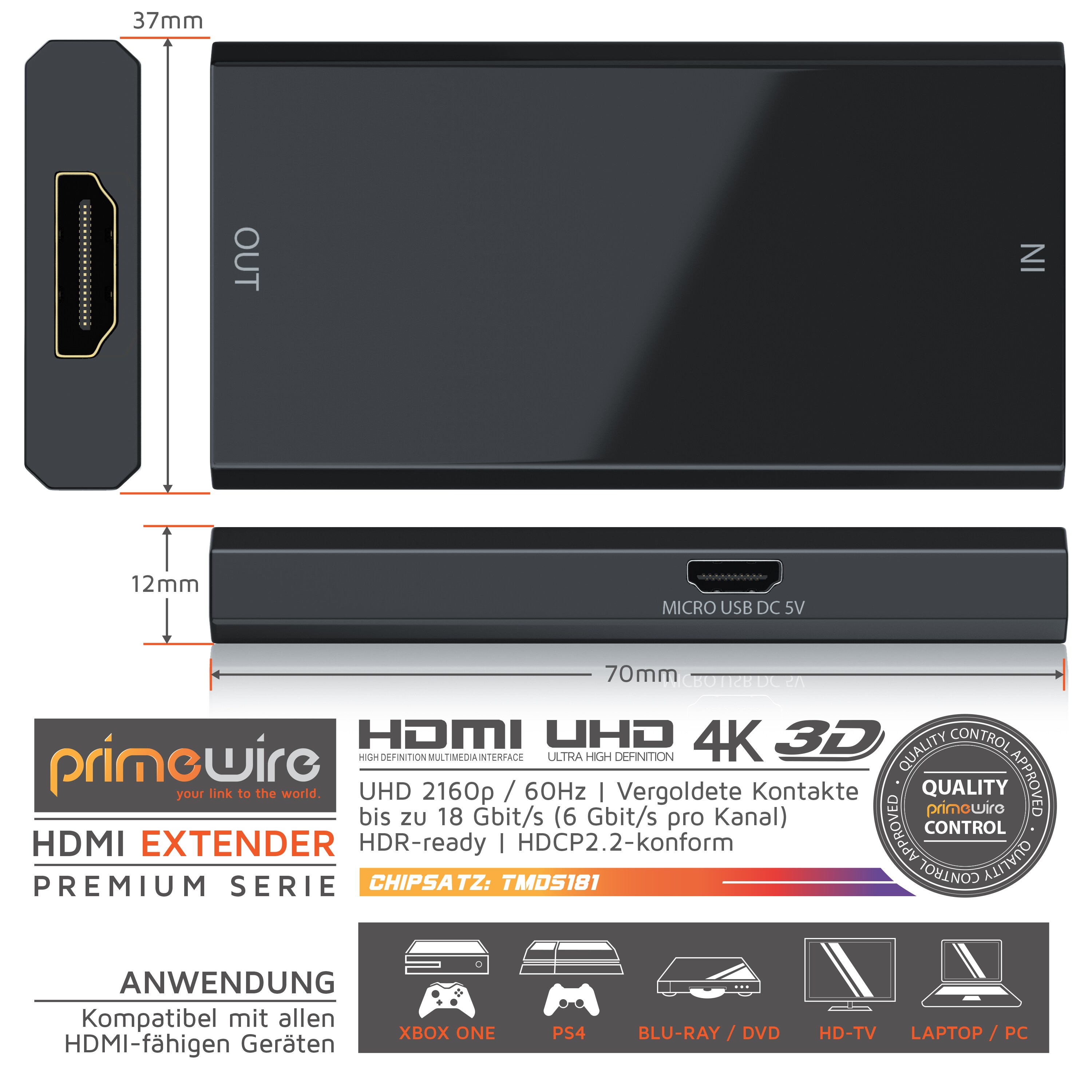 Primewire HDMI 2.0b Extender / Verstärker UHD 2160p 60Hz, HDMI-Buchse zu HDMI-Buchse