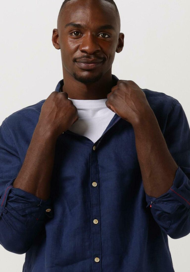 SCOTCH & SODA donkerblauwe scotch & soda casual overhemd regular-fit linen shirt with sleeve roll-up