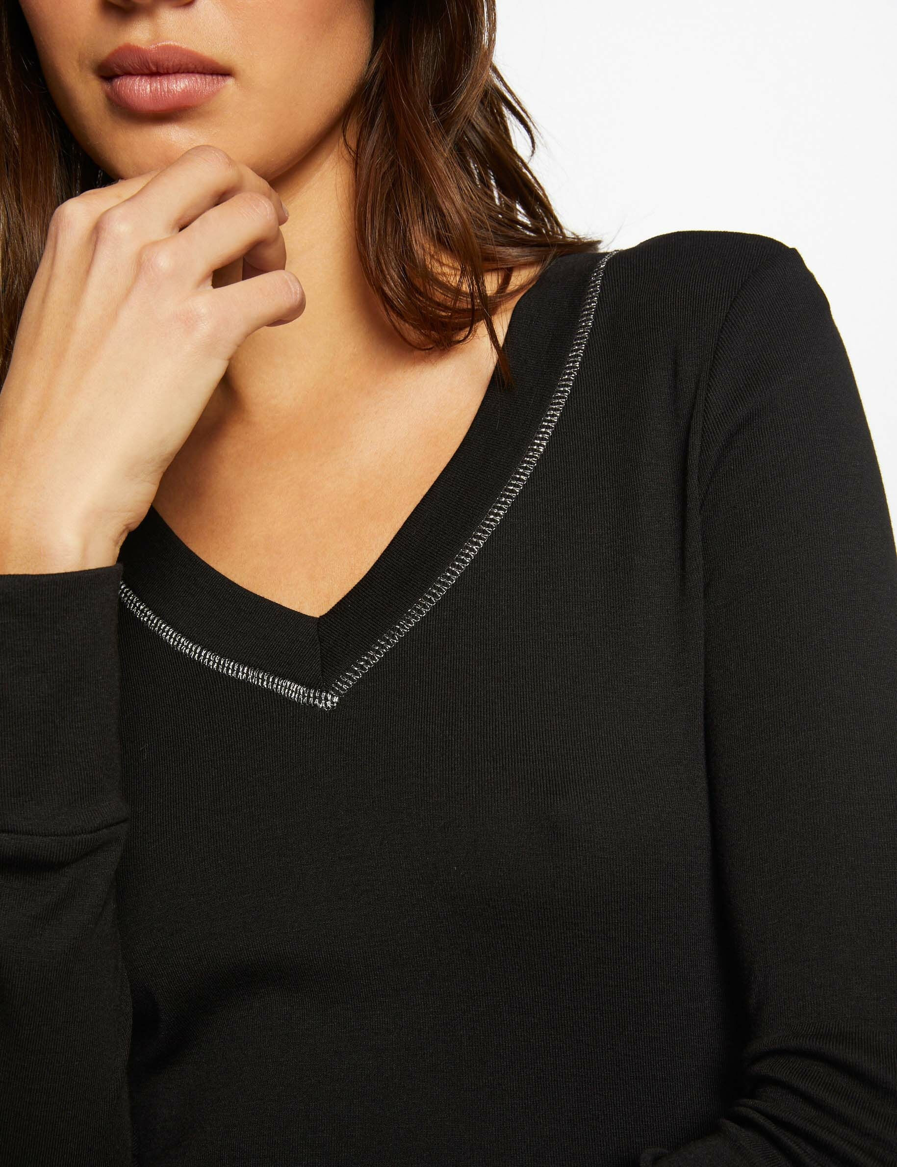 T-shirt manches longues avec col en V noir femme - noir