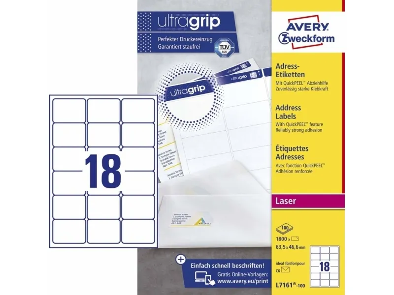 Etiketter Avery 63,5x46,6 mm hvid med QuickPEEL™ & Ultragrip - (100 ark x 18 stk.)