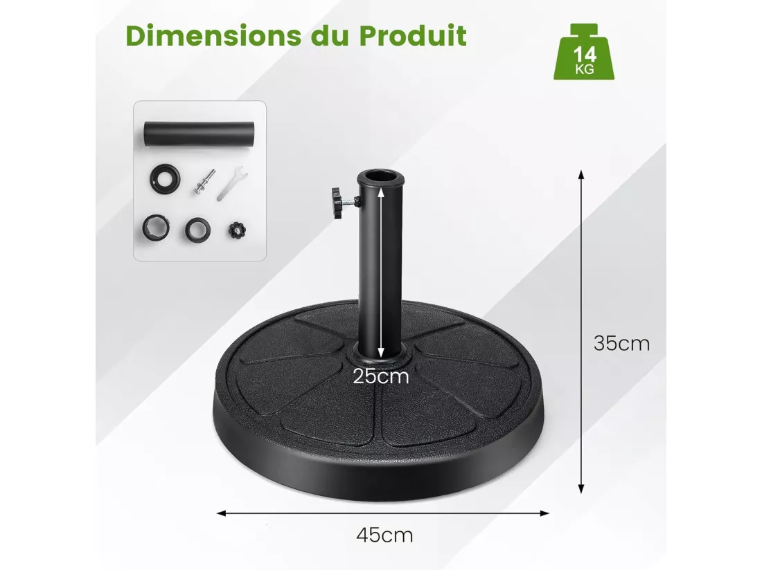 Pied de Parasol Déporté φ45CM 14KG, Base de Parasol en Résine pour Parasol 38/48 mm, Tuyau en Métal, Lestage de Parasol pour Balcon, Jardin, Patio, Terrasse, Piscine