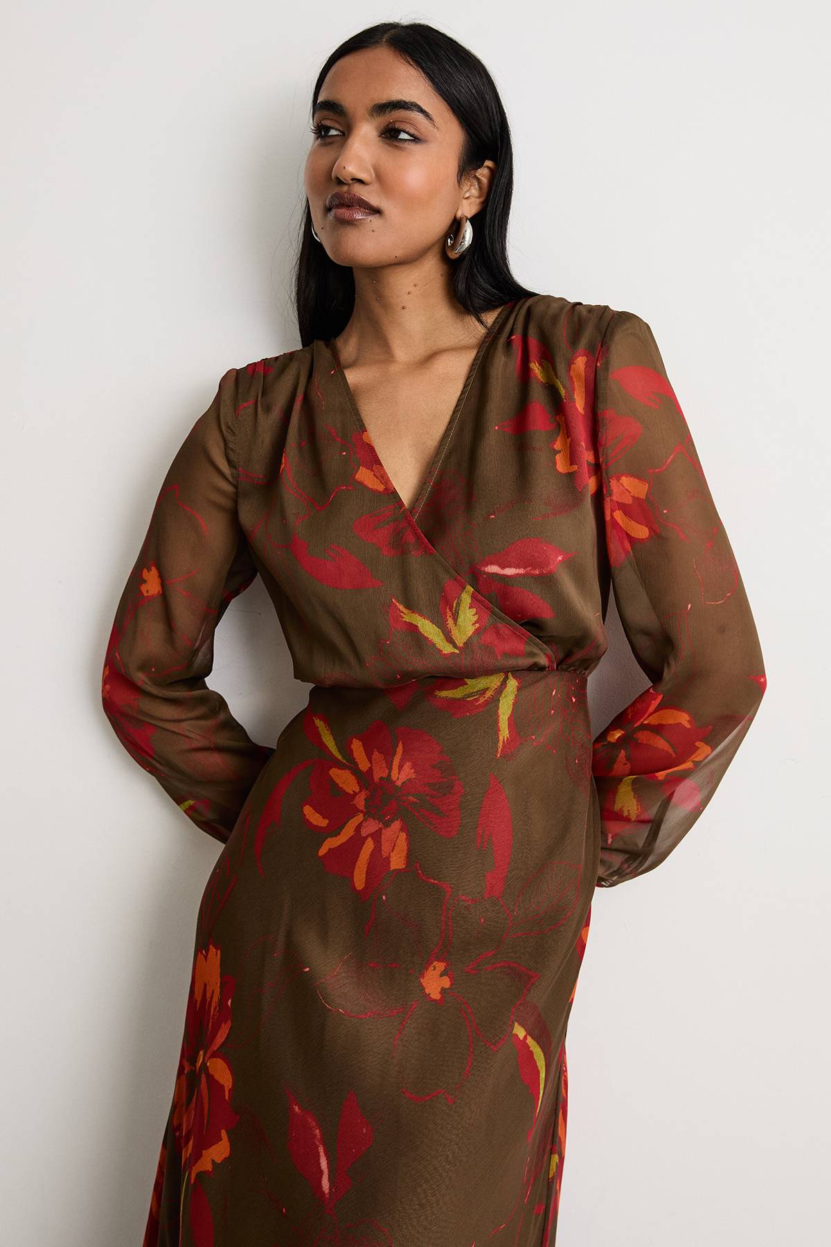Warehouse Robe Midi Imprimée à Épaulettes avec Col V et Détail Noué