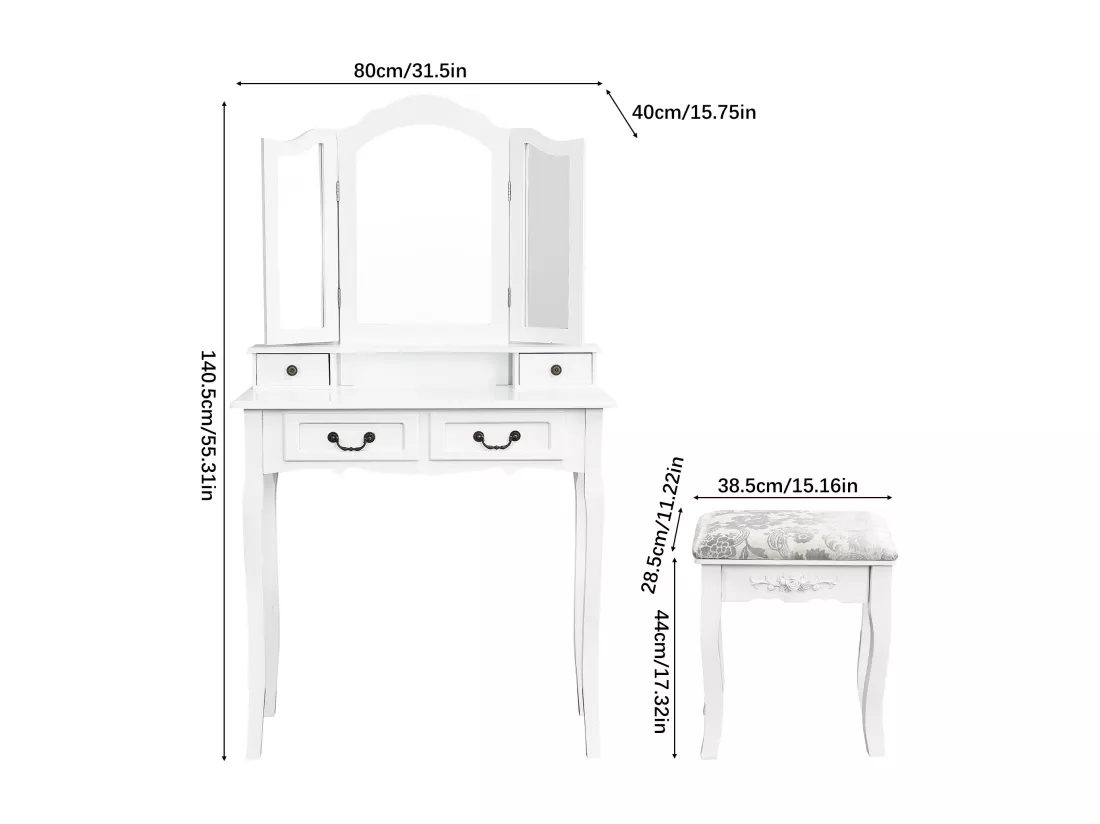 Coiffeuse multifonctionnelle + tabouret, trois miroirs, avec quatre tiroirs, MDF, blanc