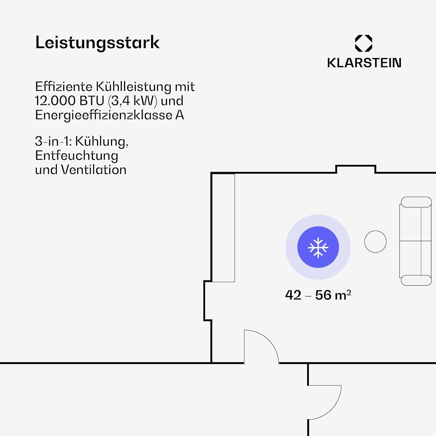 Klarstein Kraftwerk Smart 12K Mobiles Klimagerät – 12000 BTU, 35-59 m², App & Alexa Steuerung, 3-in-1 Kühlung, Entfeuchter & Ventilator, Leise, Timer, Ablaufschlauch Inkl., Weiß