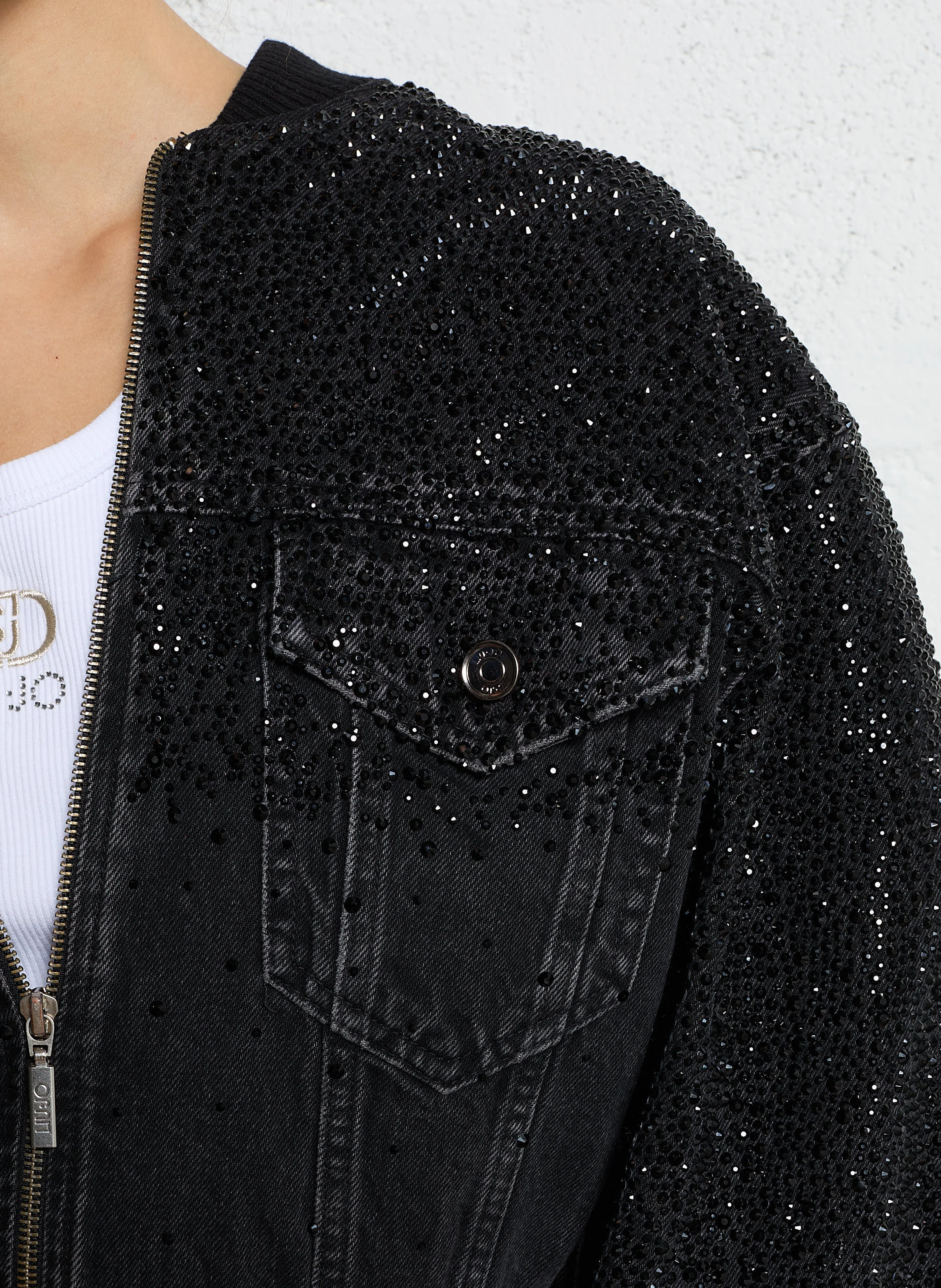 Bomber en denim à strass | Noir