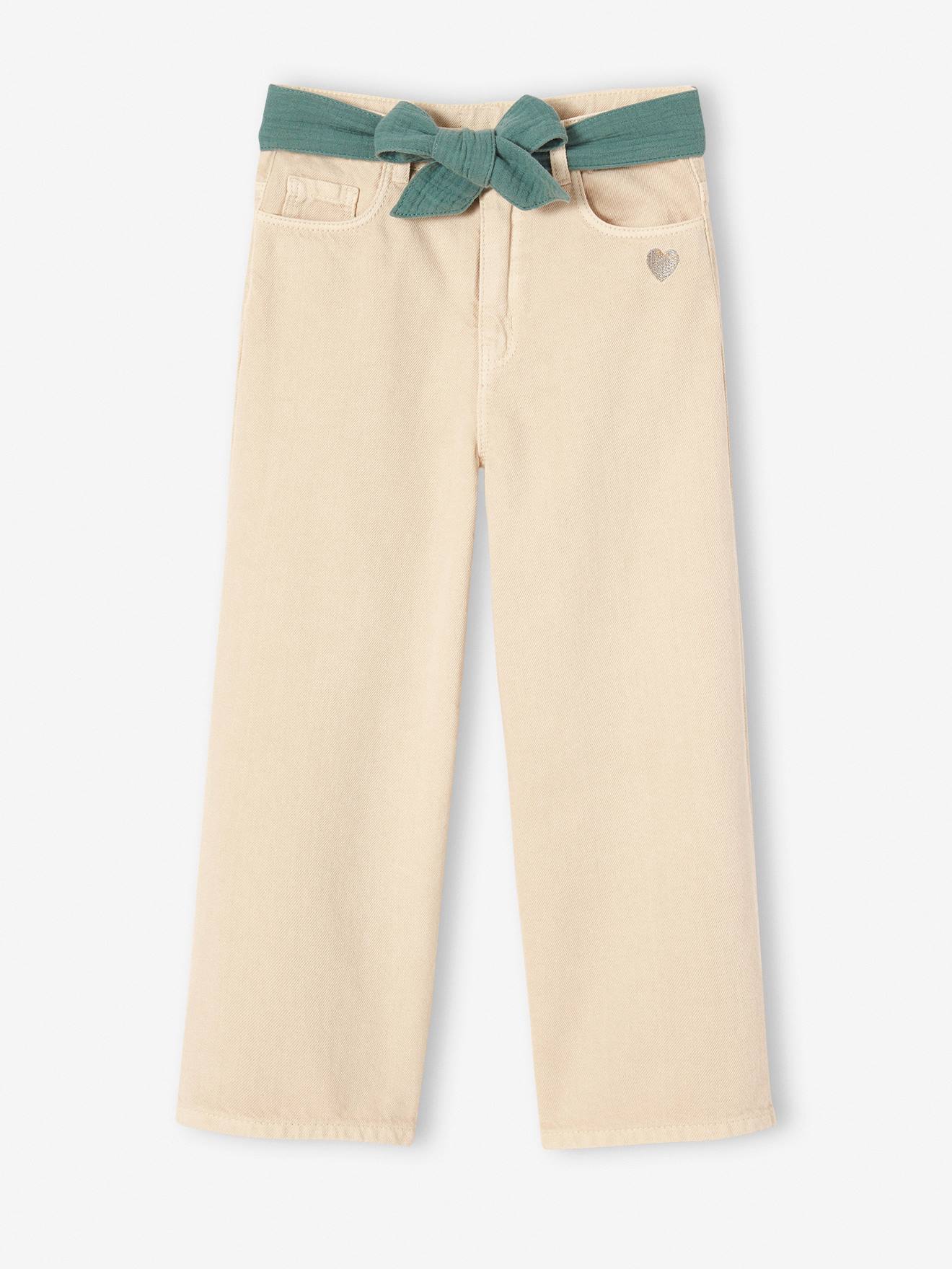 Calça boca de sino com cinto de chiffon de algodão para meninas, cor cru