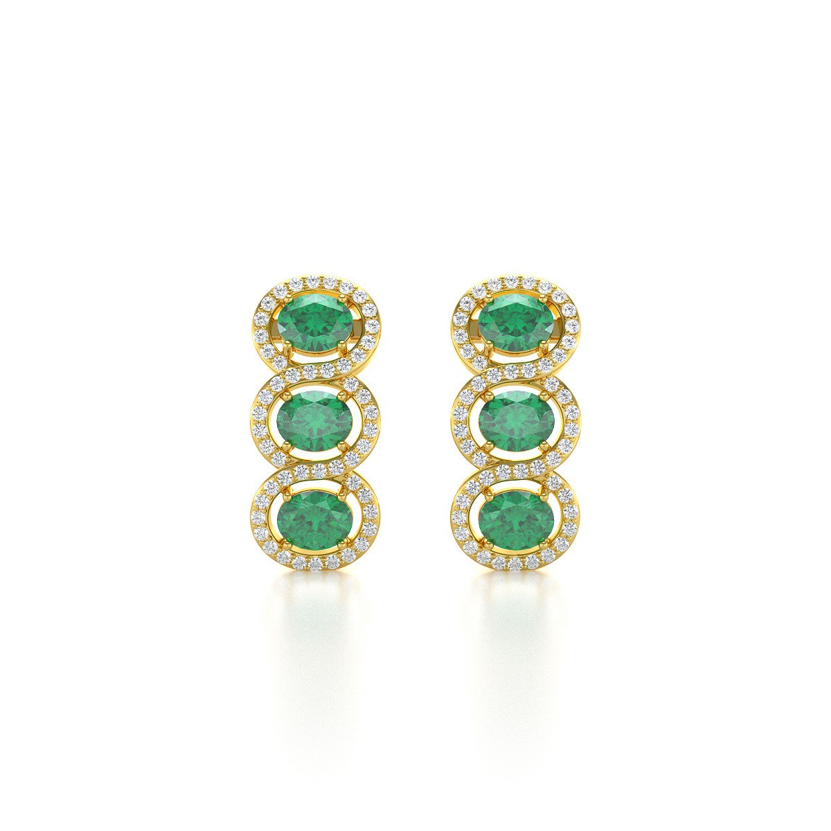 Boucles d'oreilles ADEN Or 585  Jaune Emeraude forme Ovale et Diamants 4.55grs