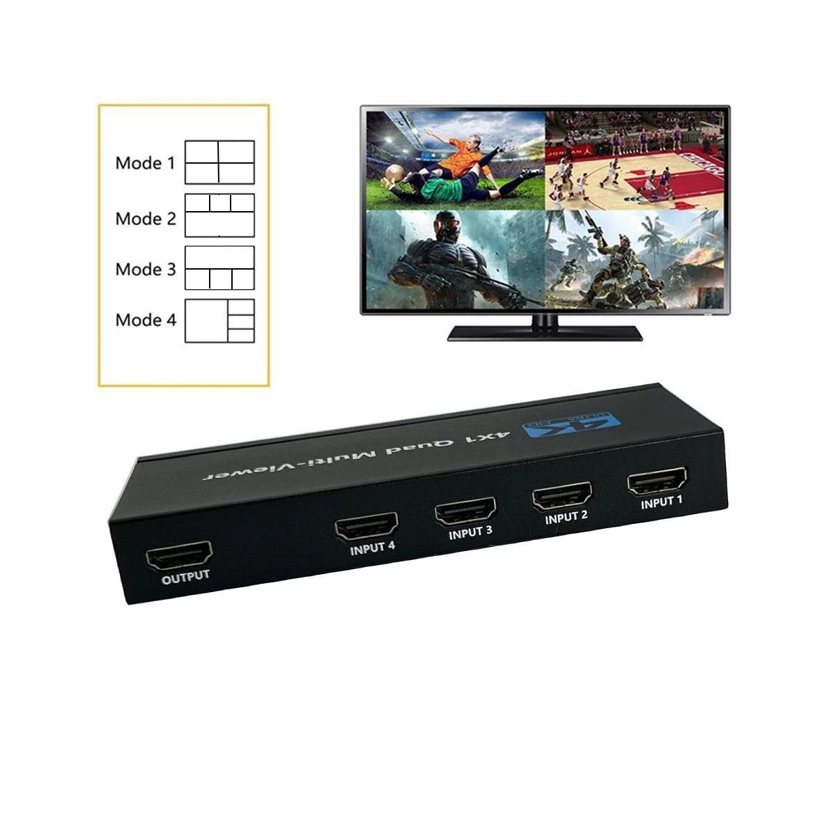 NÖRDIC HDMI-skaleringsbryter 4 til 1 med Multiviewer 4K30hz HDCP1.4